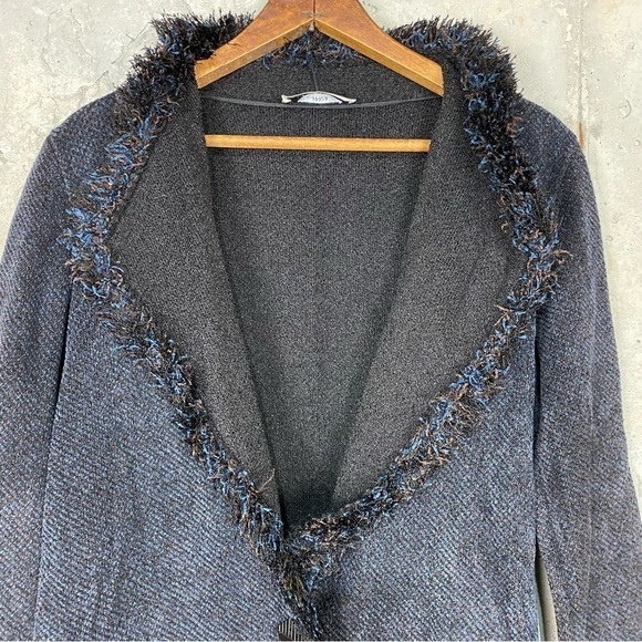 Vintage Brenda French black navy knit button front fringe cardigan medium - Picture 8 of 8